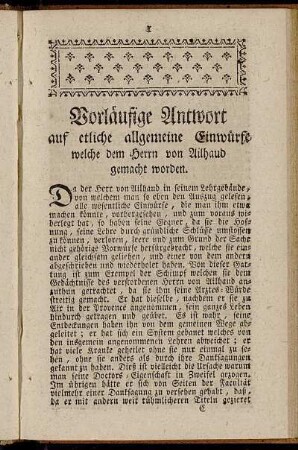Vorläufige Antwort auf etliche allgemeine Einwürfe welche dem Herrn von Ailhaud gemacht worden.