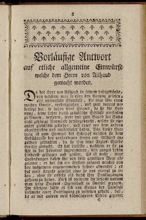 Vorläufige Antwort auf etliche allgemeine Einwürfe welche dem Herrn von Ailhaud gemacht worden.