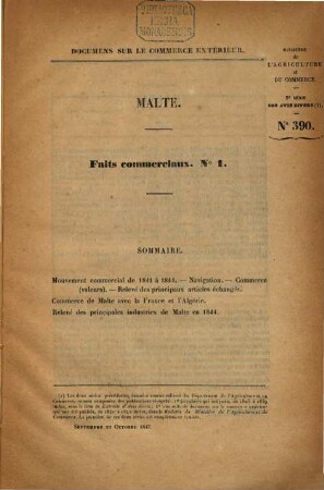Annales du commerce extérieur. Malte. Faits commerciaux. 1/4. 1847/74