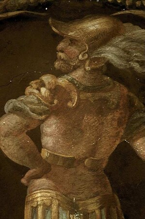 Mars, gerahmt von zwei Pferdeköpfen in Ranken