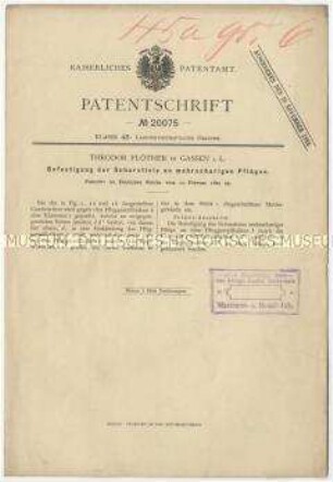Patentschrift der Befestigung der Scharstile an mehrscharigen Pflügen, Patent-Nr. 20075