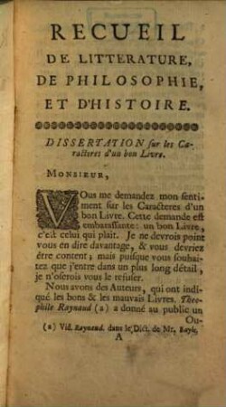 Recueil De Litterature, De Philosophie, Et D'Histoire