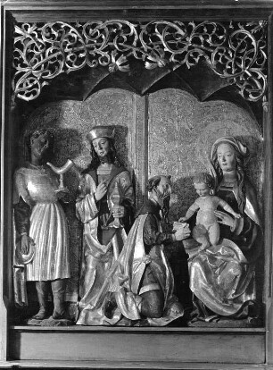 Dreikönigsaltar : Dreikönigsaltar. Holz, geschnitzt, gefaßt, bemalt (1502/1535; Werkstatt J. Kändel). Mittelschrein mit Anbetung der Heiligen drei Könige. Aulendorf (Kreis Ravensburg), Pfarrkirche Sankt Martin, nördliche Chorseitenkapelle