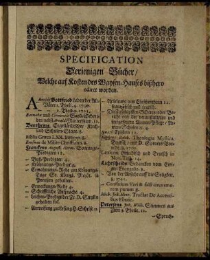 Specification Derjenigen Bücher/Welche auf Kosten des Waysen-Hauses bißhero ediret worden.