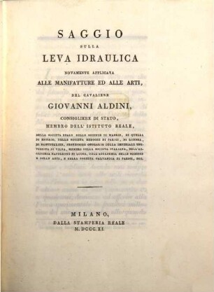 Saggio sulla lova idraulica novamente applicata alle manifatture ed alle arti