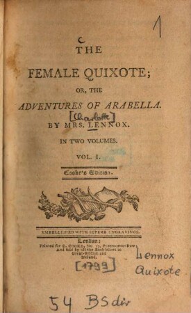 The female Quixote, or the adventures of Arabella : embellished with superb engravings, Vol. 1
