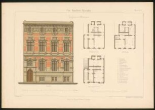 Eingebautes Wohnhaus mit Flachdach: Grundrisse und Ansicht (aus: Ein-Familien-Häuser, entworfen und gezeichnet von Hermann Bethke)