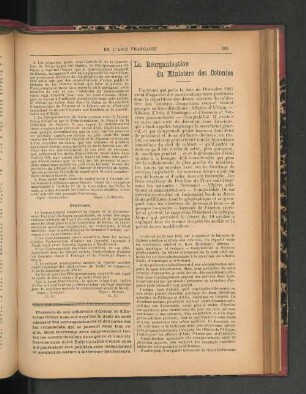 La Réorganisation du Ministère des Colonies.