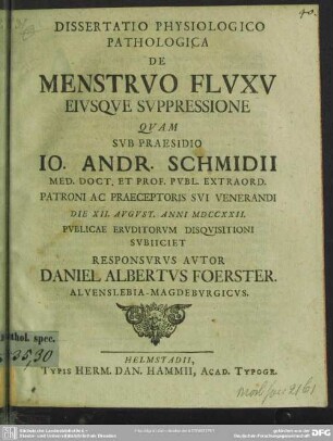 Dissertatio Physiologico Pathologica De Menstruo Fluxu Eiusque Suppressione