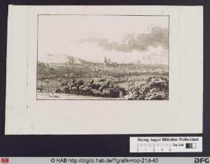 [Ansicht von Stuttgart: Reiter, Kutsche und Mann mit Kiepe im Vordergrund].