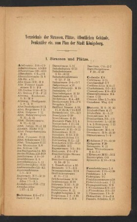 Verzeichnis der Strassen, Plätze, öffentlichen Gebäude, Denkmäler etc. zum Plan der Stadt Königsberg.