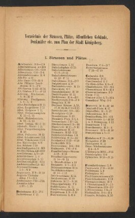Verzeichnis der Strassen, Plätze, öffentlichen Gebäude, Denkmäler etc. zum Plan der Stadt Königsberg.