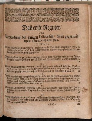 Das erste Register/ Oder Verzeichnuß der jenigen Discursen/ die in gegenwärtigem Tractat enthalten seyn.