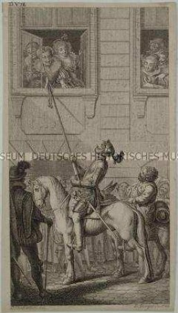 Don Quijote auf der Rosinante reicht einer alten Dame mit seiner Lanze den gewonnenen Siegespreis ans Fenster hinauf - Kopie von Berger nach Chodowiecki