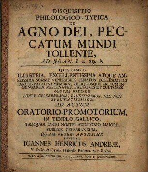 Disquisitio philol.-typica de agno dei, peccatum mundi tollente