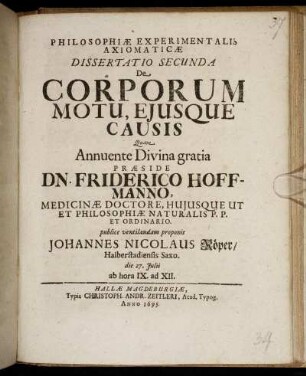 Philosophiae Experimentalis Axiomaticae Dissertatio Secunda De Corporum Motu, Eiusque Causis