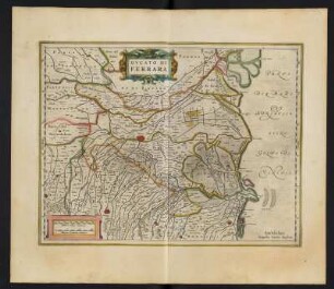Karte vom Herzogtum Ferrara, ca. 1:330 000, kolorierter Kupferstich, 1645 : Ducato Di Ferrara. - [Ca. 1:330.000]. - [Amsterdam] : Ioannes Ianssonius, [1645]. - 1 Kt : Kupferst ; 46 x 35 cm. - Maßstab in graph. Form (Milliaria Italica communia, Milliaria Germanica communia)