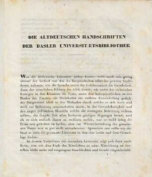 Die altdeutschen Handschriften der Basler Universitätsbibliothek : Verzeichnis, Beschreibung, Auszüge. Eine academ. Gelegenheitsschrift