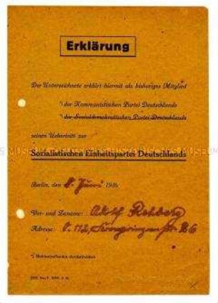 Erklärung des Übertritts von der SPD in die SED