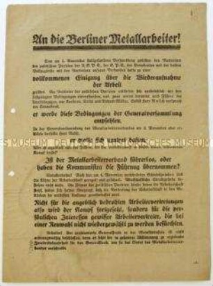 Aufruf des Verbandes Berliner Metallindustrieller an die Metallarbeiter zur Beendigung des Streiks