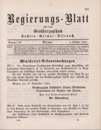 97. Ministerial-Bekanntmachung, die Zulassung der Magdeburger Versicherungs-Gesellschaft gegen Hagelschlag und begleitenden Wetterschaden zum Geschäftsbetrieb im Großherzogthume betreffend