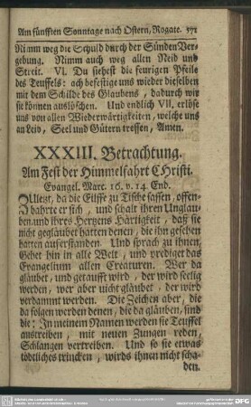 XXXIII. Betrachtung. Am Fest der Himmelfahr Christi. Evangel. Marc. 16. V. 14. End.