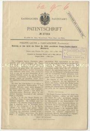 Patentschrift über eine Neuerung an dem durch das Patent Nr. 33841 geschützten Etagen-Trockenapparat, Patent-Nr. 37364