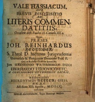 Vale Hassiacum, sive brevis disquisitio de literis commendatitiis : occasione dicti Paulini II. Corinth. III. 1.
