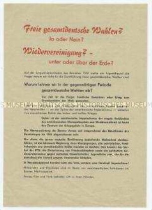Flugblatt der Nationalen Front zur Ablehnung freier gesamtdeutscher Wahlen