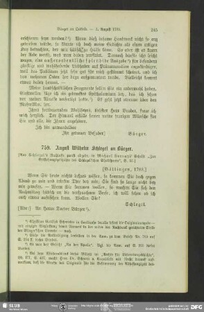 August Wilhelm von Schlegel an Gottfried August Bürger, Göttingen, Herbst 1789