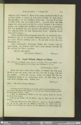 August Wilhelm von Schlegel an Gottfried August Bürger, Göttingen, Herbst 1789