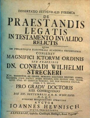 Dissertatio inavgvralis ivridica de praestandis legatis in testamento invalido relictis