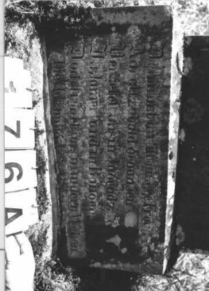 Grabstein 176 (Index: 100106307) Material: Säule weißer Marmor, Sockel Sandstein?, Schriftplatte Granit Zustand: gerissen, leicht verwittert, am Fuß zementiert, sodaß die letzte Zeile des Gedichtes zur Hälfte verloren ist Maße HxBxT: 194x50x30 cm Beschreibung: abgebrochene Säule auf getrepptem Sockel, an der Säule Rose, Sockel mit rechteckiger Schriftplatte Symbolik: Säule, geknickte Rose: Grabstein 176A