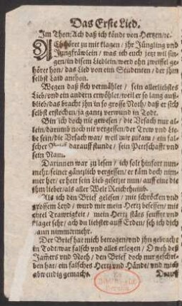 Das Erste Lied. Jm Thon: Ach daß ich kœndt von Hertzen/ [et]c.