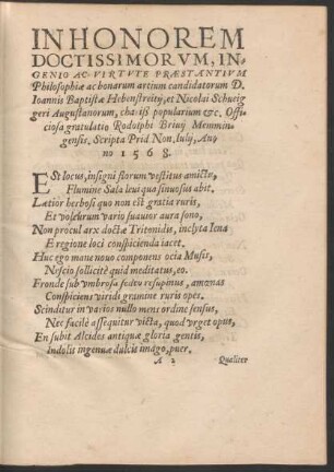 In Honorem Doctissimorum, Ingenio Ac virtute Praestantium Philosophiae ac bonarum artium candidatorum D. Ioannis Baptistae Hebenstreitii, et Nicolai Schweigeri ...