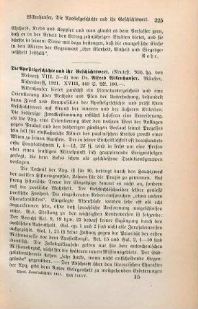 225-226 [Rezension] Wikenhauser, Alfred, Die Apostelgeschichte und ihr Geschichtswert