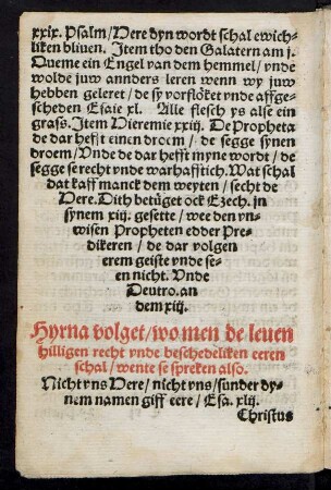 Hyrna volget/ wo men de leven hilligen frecht unde beschedeliken eeren schal ...
