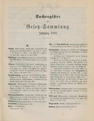 Sachregister zur Gesetz-Sammlung. Jahrgang 1892