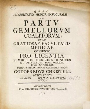Dissertatio Medica Inauguralis De Partv Gemellorvm Coalitorvm