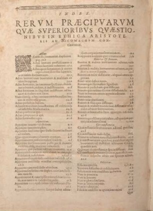 Index Rervm Praecipvarvm Qvae Svperioribvs Qvaestionibvs In Ethica Aristotelis Ad Nicomachvm Continentur. Aer