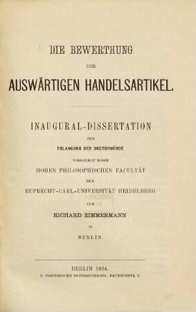 Die Bewerthung der auswärtigen Handelsartikel