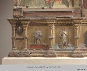 Thronende Madonna umgeben von den Heiligen Nikolaus von Bari, Johannes der Täufer, Christophorus und dem Erzengel Michael : Predella mit Christus als Schmerzensmann und Heiligen