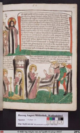 Oben: Christus zeigt Johannes die Schriftrolle mit den Schlußworten der Offenbarung (Offenb. 22,10). Unten: Der Empfang des Johannes und Erweckung der Drusiana.
