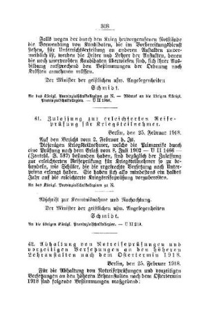 Abhaltung von Notreifeprüfungen und vorzeitigen Versetzung an den höheren Lehranstalten nach dem Ostertermin 1918 : [C. Höhere Lehranstalten für die männliche Jugend]