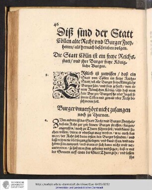Disz sind der Statt Cöllen alte Recht und Burger Freyheiten als hernach beschrieben volgen