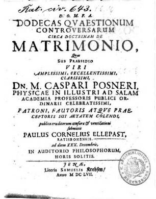 Dodecas Qvaestionum Controversarum Circa Doctrinam De Matrimonio