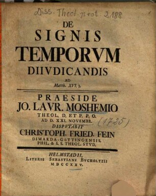 De Signis Temporvm Diivdicandis Ad Matth. XVI. 3.
