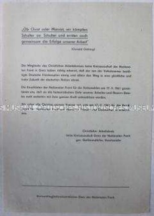 Propagandaflugblatt mit einem Bekenntnis eines Christlichen Arbeitskreises zu den Kandidaten der Nationalen Front bei den Kommunalwahlen 1961