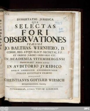Dissertatio Jvridica Qva Selectas Fori Observationes
