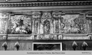 Karl der Große besiegt Widukind, der im Fluss der Ise in Attigny getauft wird und ein neues Wappen mit einem weißen Pferd erhält, Symbol der neuen Religion. (785) - Vitichindo vinto da Carlomagno abbraccia il cristianesimo, viene battezzato con suoi nelle acque dell'Isas, e riceve da quell'imperatore un nuovo stemma col cavallo bianco, simbolo della nuova religione (785)